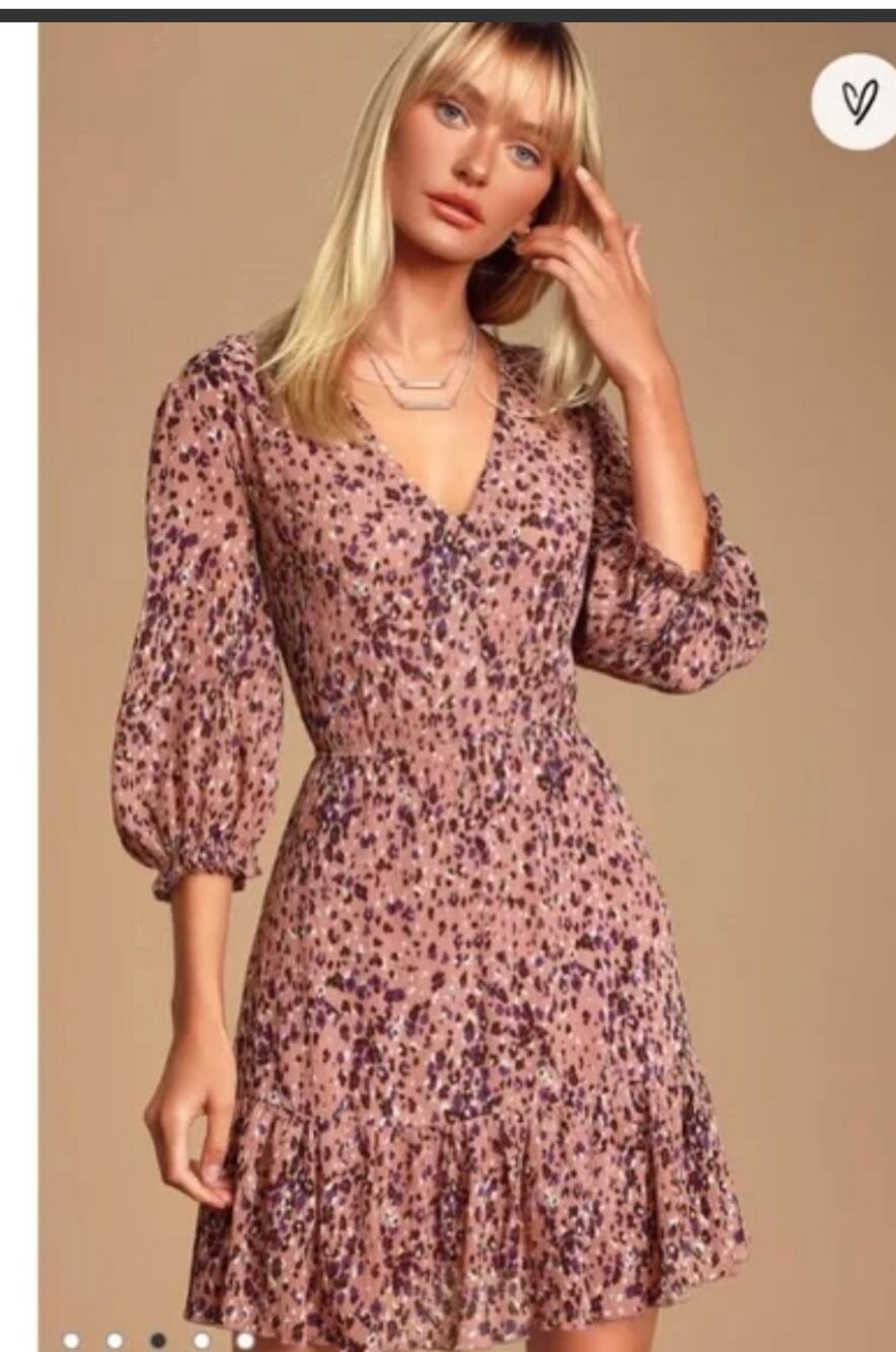 Lulus Leopard Print V-Neck Mini Dress Large Long Sleeve tiered